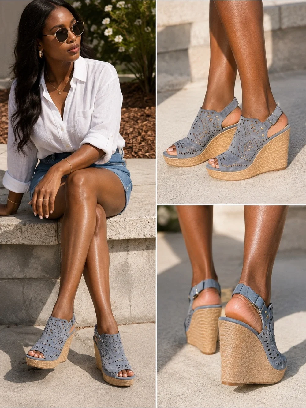 Marc Fisher Blue-Gray Laser-Cut Espadrille Wedge Sandals